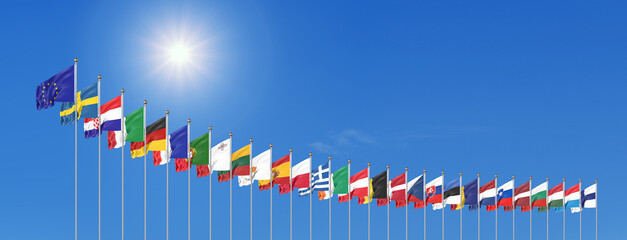 27 waving flags of countries of European Union (EU). Sky background. 3D illustration.