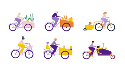 People driving cargo bikes set. Men and women on bikes carry different cargo, goods, children, things. Flat vector illustration - obrazy, fototapety, plakaty