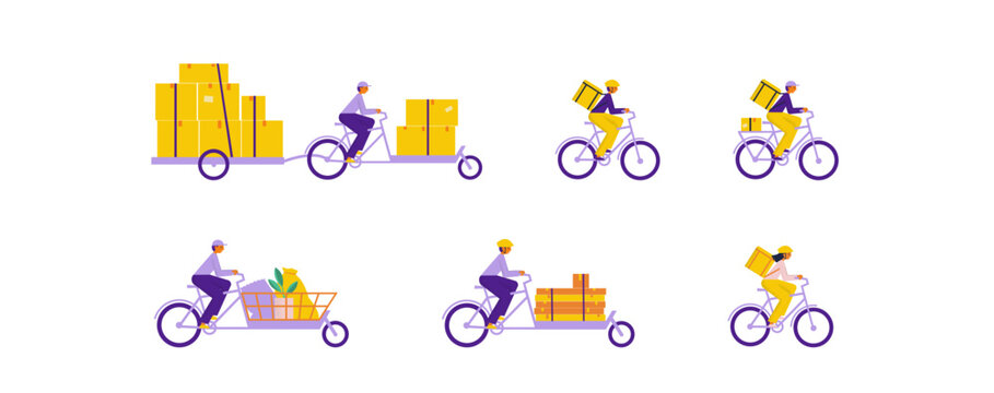 Bicycle cargo delivery couriers set. Guys and girls on cargo bikes carry orders. Flat vector illustration