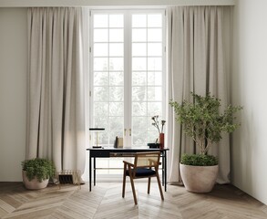 Home classic office or workplace with vintage dark blue table and wooden chair. Forest view from the panoramic windows. Decorative books, lamp, poster and photo frames, apartment mockup