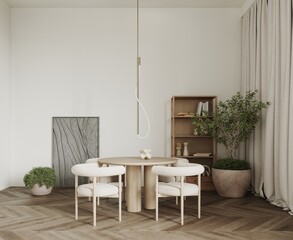 Wooden dining table with wooden modern chairs, buffet with decor, tree in a pot. art decor. Dining room with a large fashionable chandelier above the table. Forest view from the panoramic windows.