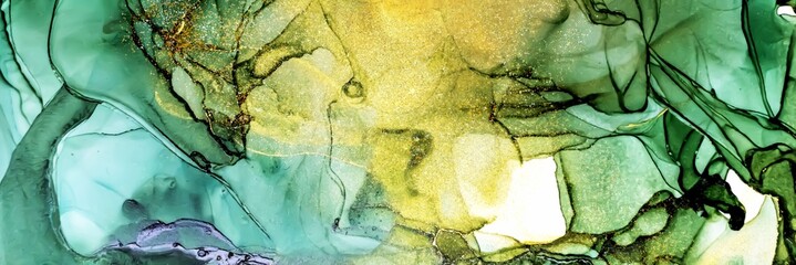 Light and Dark patches of golden dust on Alcohol ink fluid abstract texture fluid art with gold glitter and liquid.