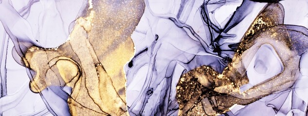 Golden flakes and patches of dust on Alcohol ink fluid abstract texture fluid art with gold glitter and liquid.