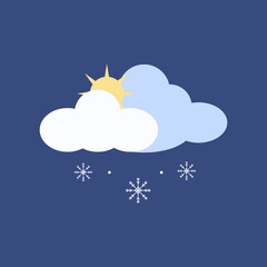 Snowing icon. Weather icon sun, cloud and snow. Snowflake vector icon isoleted on blue background flat design