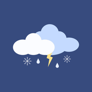 Cloud with rain and snow weather icon vector image. Weather icon on blue background. Cartoon weather Vector Illustration flat design
