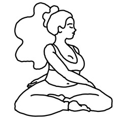 Curvy plus size woman has yoga class and make relaxation pose to be strong and trains her body. Hand drawn simple black and white illustration. Comics cartoon line drawing.