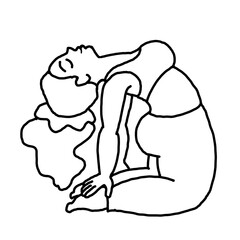 Curvy plus size woman has yoga class and make relaxation pose to be strong and trains her body. Hand drawn simple black and white illustration. Comics cartoon line drawing.