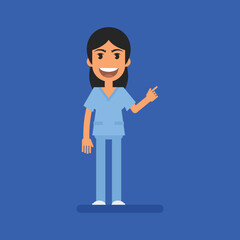 Nurse points finger to and smiles
