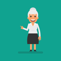 Old business woman points finger to and smiles