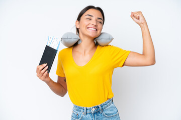 Woman with Inflatable Travel Pillow over isolated background doing strong gesture