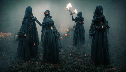 A gloomy dramatic background, witches in black cloaks perform a ritual in a dark gloomy forest. Background for Halloween holiday. Magic atmospheric background, witchcraft. 3D illustration