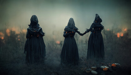 A gloomy dramatic background, witches in black cloaks perform a ritual in a dark gloomy forest. Background for Halloween holiday. Magic atmospheric background, witchcraft. 3D illustration - obrazy, fototapety, plakaty
