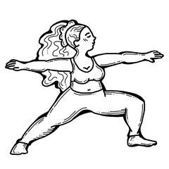 Curvy plus size woman has yoga class and make relaxation pose to be strong and trains her body. Hand drawn simple monochrome illustration. Comics cartoon line drawing.