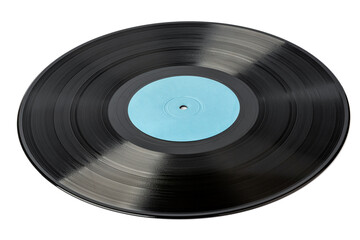 Black vinyl record with blank blue label isolated on white background.