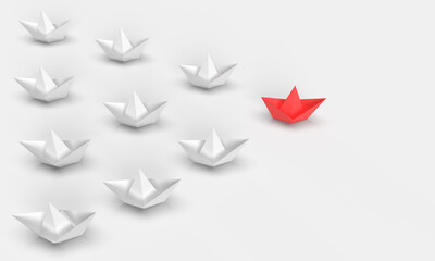 Red paper boat leading among white paper boats. Leadership concept.