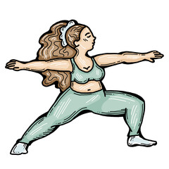 Curvy plus size woman has yoga class and make relaxation pose to be strong and trains her body. Hand drawn colorful retro vintage  illustration. Comics cartoon old school style drawing.