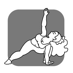 Curvy plus size woman has yoga class and make relaxation pose to be strong and trains her body. Hand drawn simple monochrome illustration. Comics cartoon line drawing.