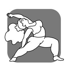 Curvy plus size woman has yoga class and make relaxation pose to be strong and trains her body. Hand drawn simple monochrome illustration. Comics cartoon line drawing.