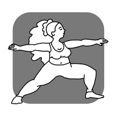 Curvy plus size woman has yoga class and make relaxation pose to be strong and trains her body. Hand drawn simple monochrome illustration. Comics cartoon line drawing.