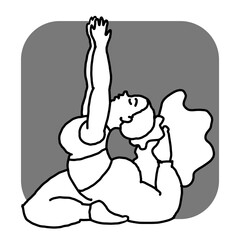 Curvy plus size woman has yoga class and make relaxation pose to be strong and trains her body. Hand drawn simple monochrome illustration. Comics cartoon line drawing.