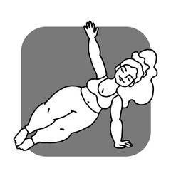 Curvy plus size woman has yoga class and make relaxation pose to be strong and trains her body. Hand drawn simple monochrome illustration. Comics cartoon line drawing.