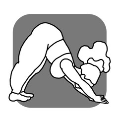 Curvy plus size woman has yoga class and make relaxation pose to be strong and trains her body. Hand drawn simple monochrome illustration. Comics cartoon line drawing.