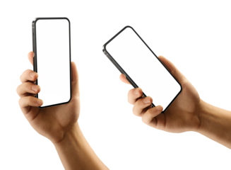 Man's hand holding the black smartphone with a transparent blank screen isolated transparent background - PNG format - easy replacement of background and device screen