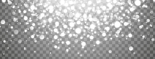 Fototapeta na wymiar Shine light background. Silver bokeh. Sparkle glitter banner. Christmas Holiday glow particle. White star effect. Luxury festive party design. Twinkle winter flash. Fairy bulb. Vector illustration