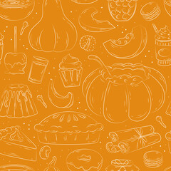 Pumpkin dish seamless pattern. Vector set of hand drawn dishes with fresh ripe pumpkin, jam jar, fruitcake, soup. Traditional autumn Thanksgiving food. Autumn set for halloween invitation, harvest