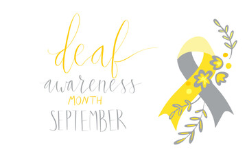 Deaf awareness month september handwritten calligraphy. Vector card template. Yellow and gray support ribbon.