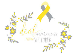 Deaf awareness month september handwritten calligraphy. Vector card template. Yellow and gray support ribbon.