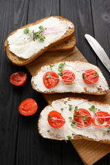 Toasts with microgreens on the table. Healthy food, vegan food and dieting concept.