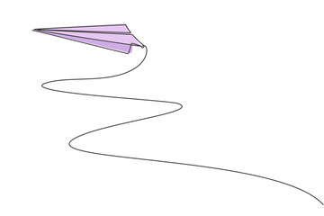 Continuous one line drawing of paper airplane flying up to the sky on white background. Paper aero plane origami concept. Kids toy trendy single line draw design vector graphic illustration