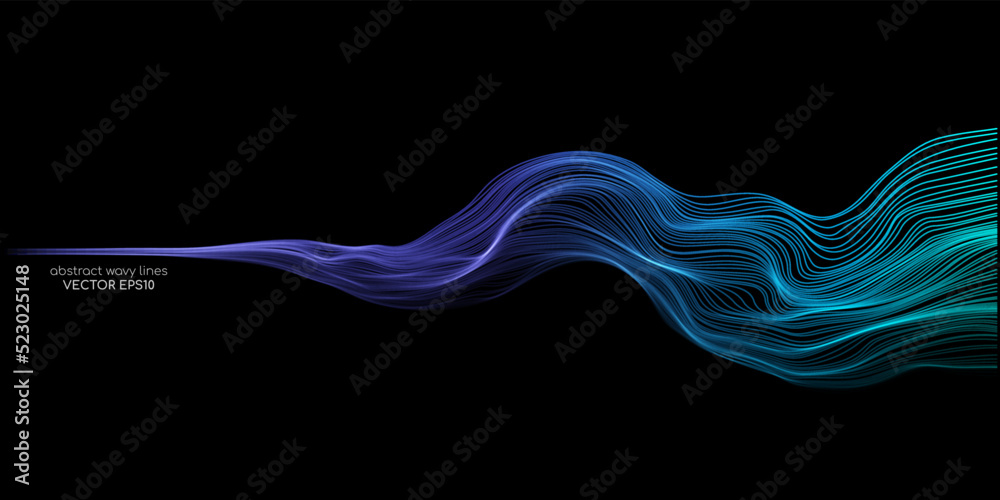 Poster Vector wave lines smooth flowing dynamic blue green gradient light isolated on black background for concept of technology, digital, communication, science, music