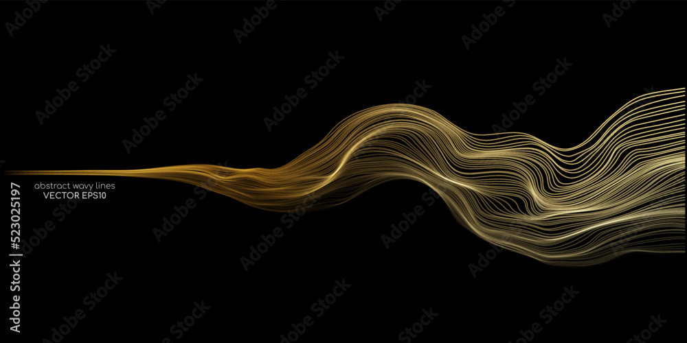 Aufkleber Vector wave lines smooth flowing dynamic gold gradient light isolated on black background for concept of luxury, technology, digital, communication, science, music