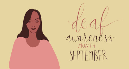 Deaf awareness month september handwritten calligraphy. African american woman illustration. Vector card template.