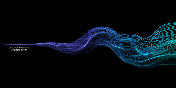 Vector wave lines smooth flowing dynamic blue green gradient light isolated on black background for concept of technology, digital, communication, science, music