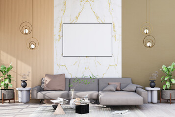 mock up poster frame in modern interior fully furnished rooms background, living room,