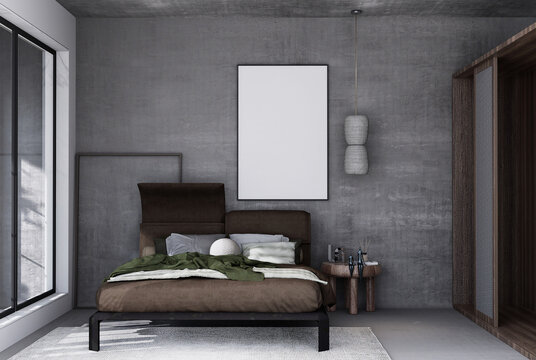 mock up poster frame in modern interior fully furnished rooms background, bedroom,