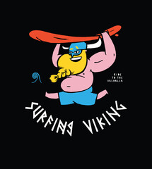 Surfing Viking. Chubby bearded man in horn helmet running with surfboard on his head.