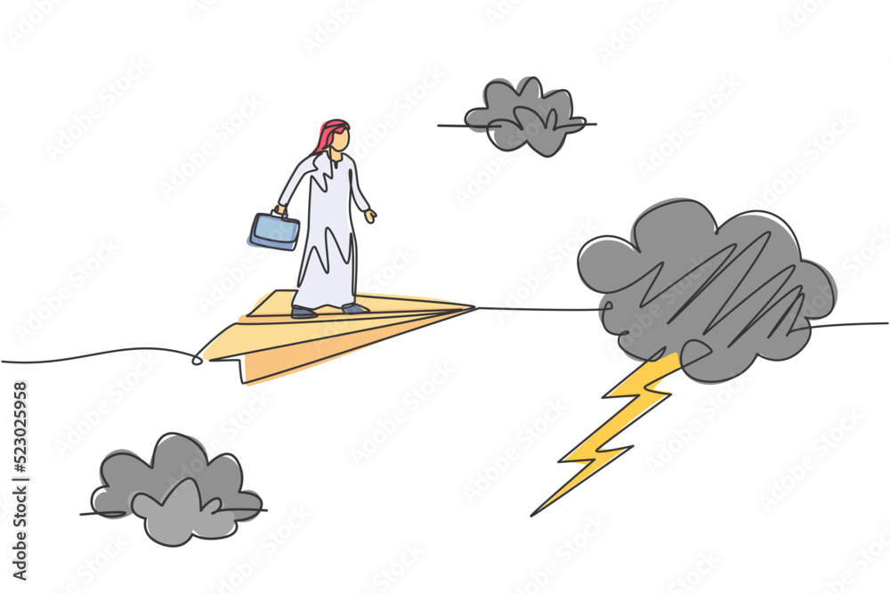 Wall mural Single continuous line drawing of young Arabian business man entering thunderstorm with flying paper airplane. Minimalism metaphor concept. Dynamic one line draw graphic design vector illustration