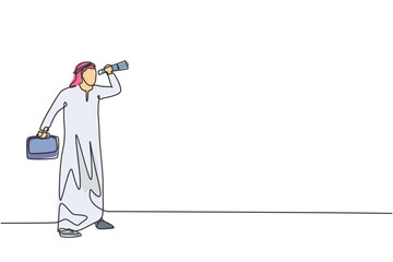 Single continuous line drawing young Arab business man forecast market using monocular. Professional forecaster. Minimalism metaphor concept. Dynamic one line draw graphic design vector illustration