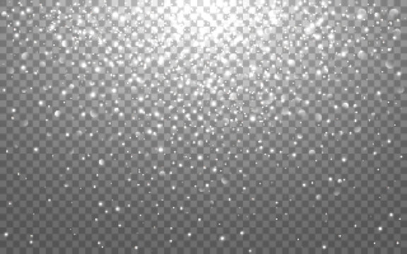 Silver bokeh background. Glitter light burst. White particles and sparks. Christmas design template. Beautiful glowing elements. Shiny circles. Vector illustration