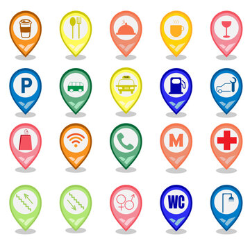 Wayfinding Signage. Set Of Color Wayfinding System Vector Icons. Pointers On The Map