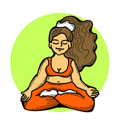 Curvy plus size woman has yoga class and make relaxation pose to be strong and trains her body. Hand drawn colorful retro vintage  illustration. Comics cartoon old school style drawing.