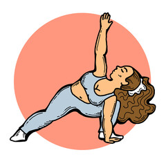Curvy plus size woman has yoga class and make relaxation pose to be strong and trains her body. Hand drawn colorful retro vintage  illustration. Comics cartoon old school style drawing.