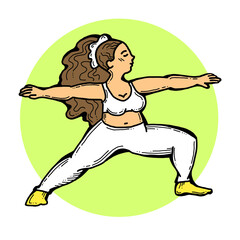 Curvy plus size woman has yoga class and make relaxation pose to be strong and trains her body. Hand drawn colorful retro vintage  illustration. Comics cartoon old school style drawing.