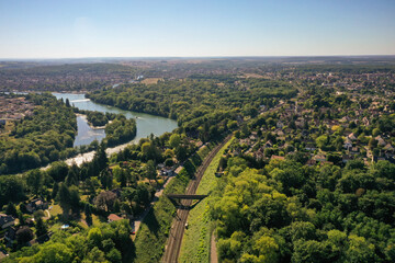 Naklejka premium aerial view on the cities of Thomery, Champagne sur Seine and Saint Mammes and Veneux les Sablons
