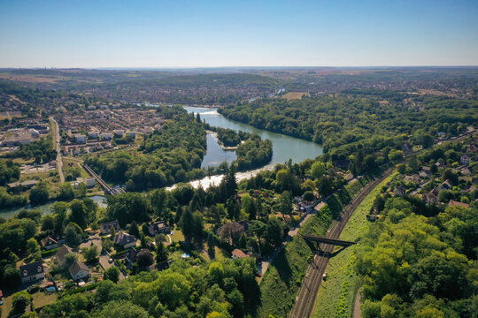 aerial view on the cities of Champagne sur Seine and Saint Mammès