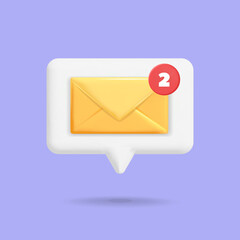 3d vector bubble speech with yellow mail envelope new inbox message icon design illustration. New unread incoming email letter with push notification symbol concept. App, web, internet, advertisement.